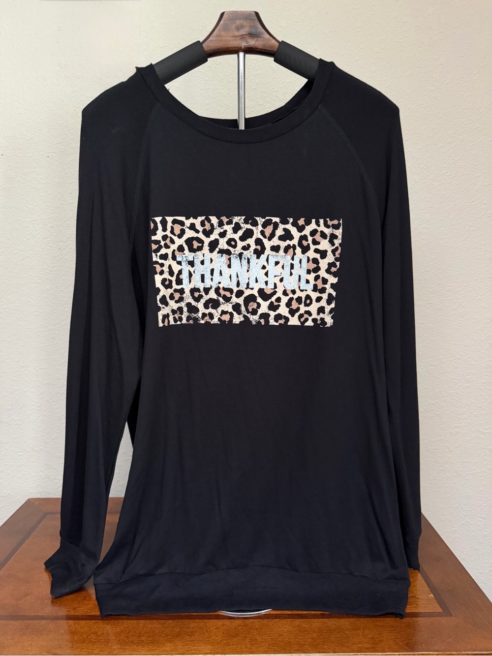 Black Long Sleeve Tee with Leopard 'THANKFUL' Graphic